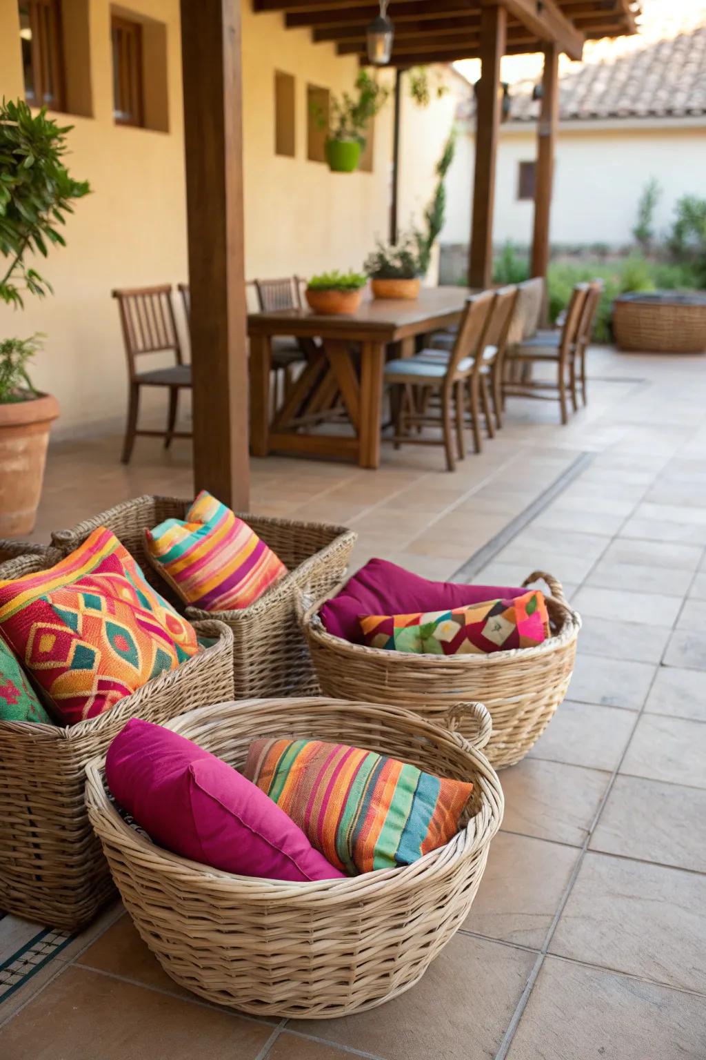 Combine style and function with wicker baskets for outdoor cushion storage.