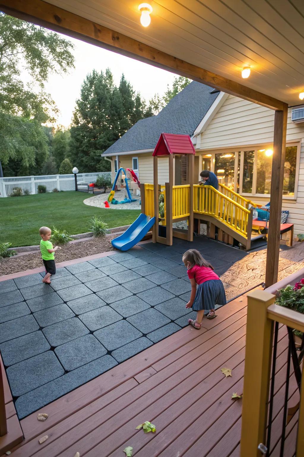 Rubber pavers provide a safe and comfortable option for family-friendly decks.