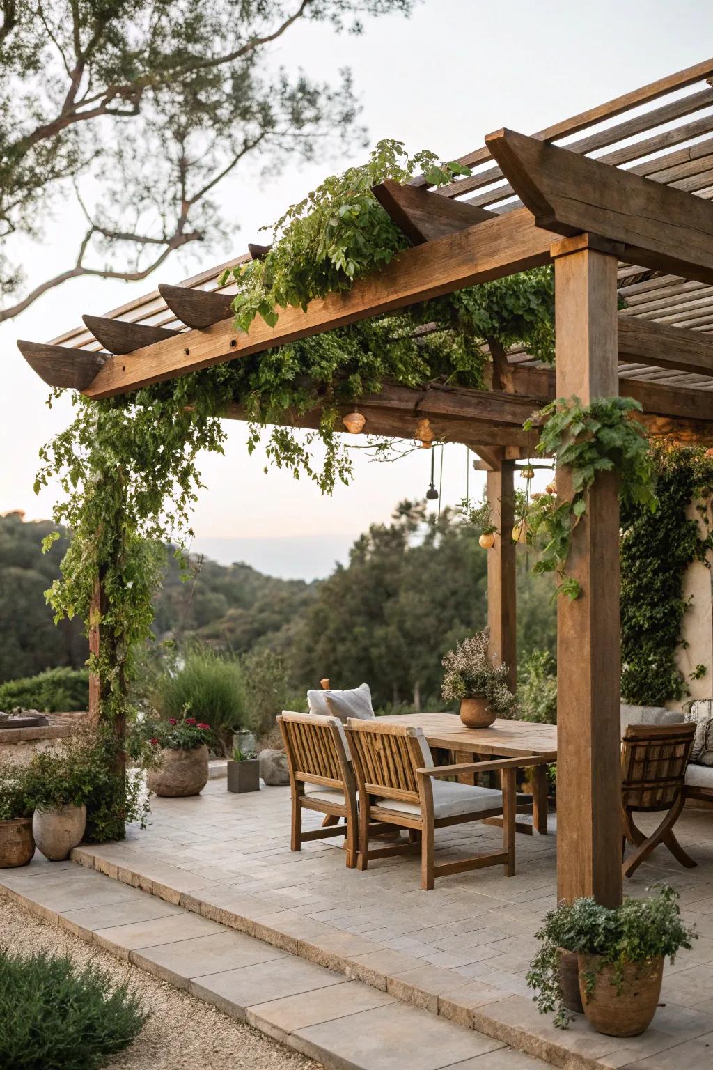 A pergola offers shade and style on sunny days.