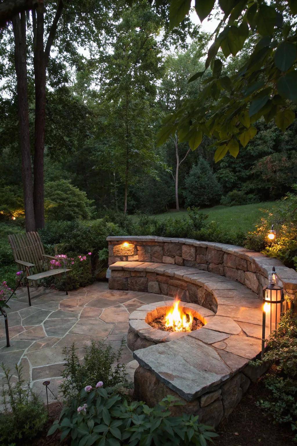 Built-in seating around a fire pit creates a seamless patio design.