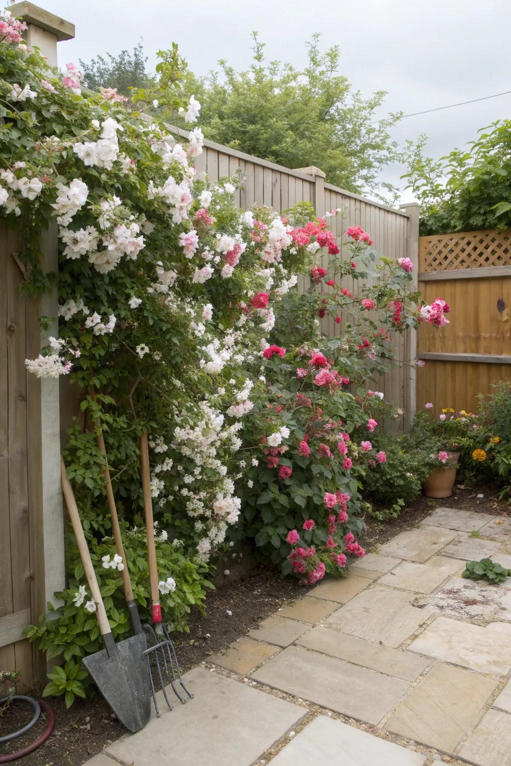 A fragrant corner with jasmine and roses on a patio.