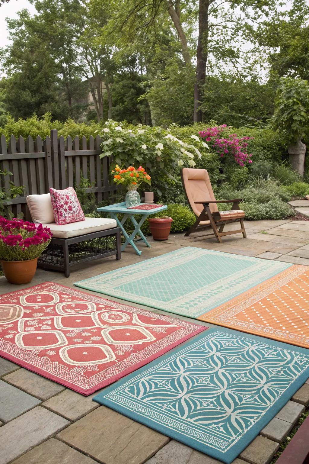 Outdoor rugs help define and decorate patio zones.