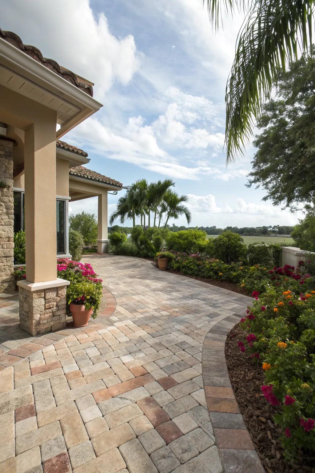 A patio with a unique combination of stone and brick pavers.