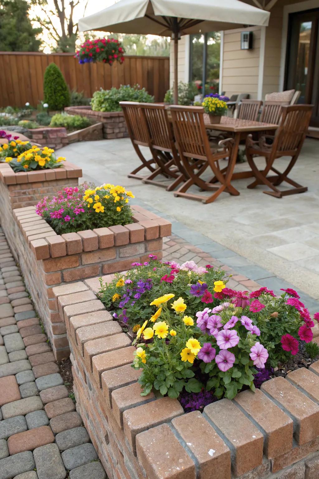 Brick planters add a touch of greenery to your patio.