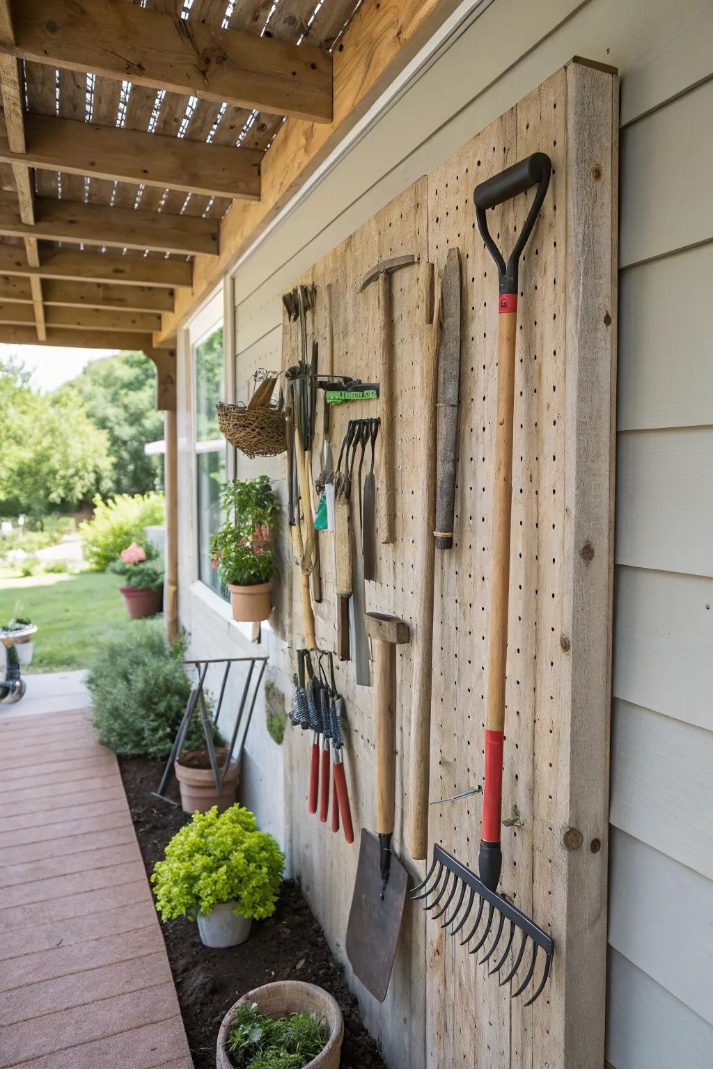 A pegboard keeping tools organized and accessible.