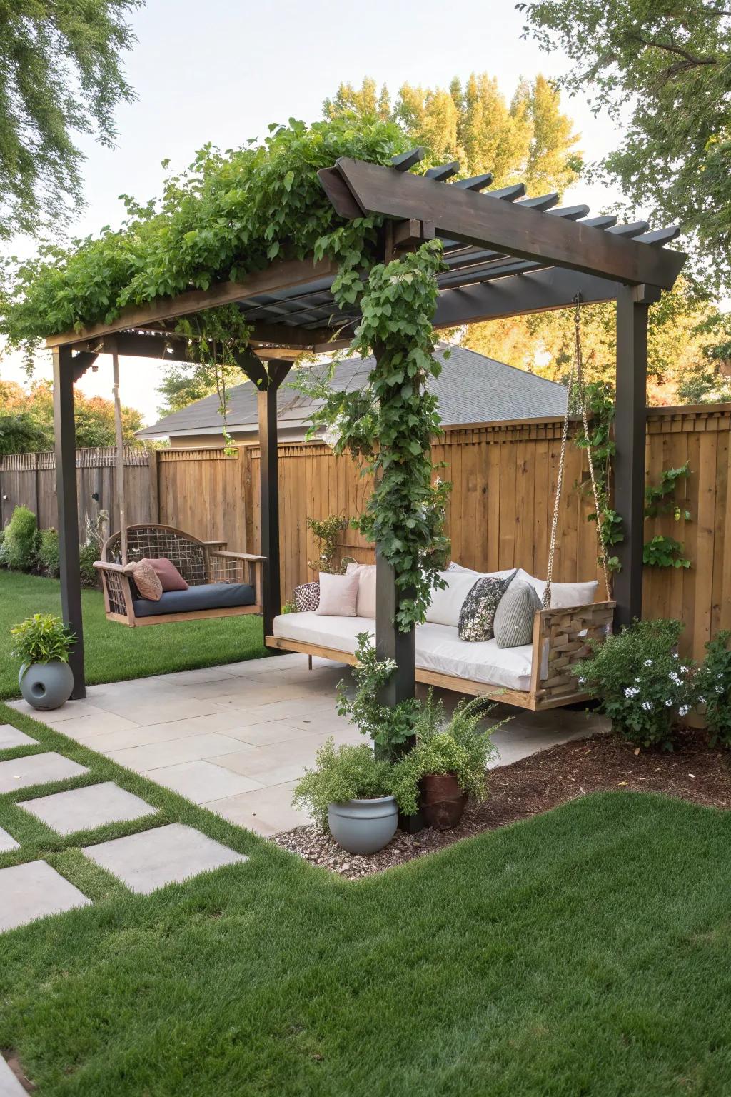 A pergola with a swing adds a fun, relaxed element to your garden.