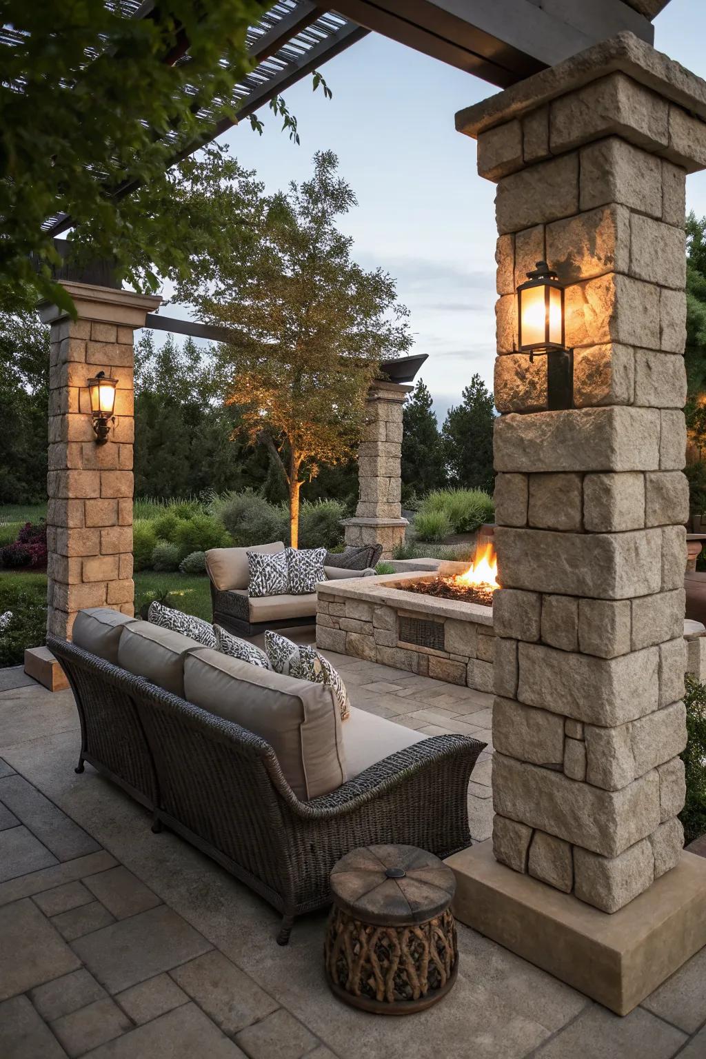Pillars can define and enhance patio seating areas.