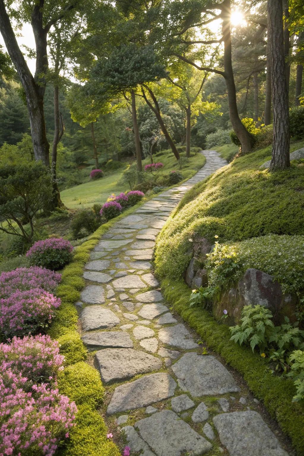 Create enchanting pathways with greenery between stones.