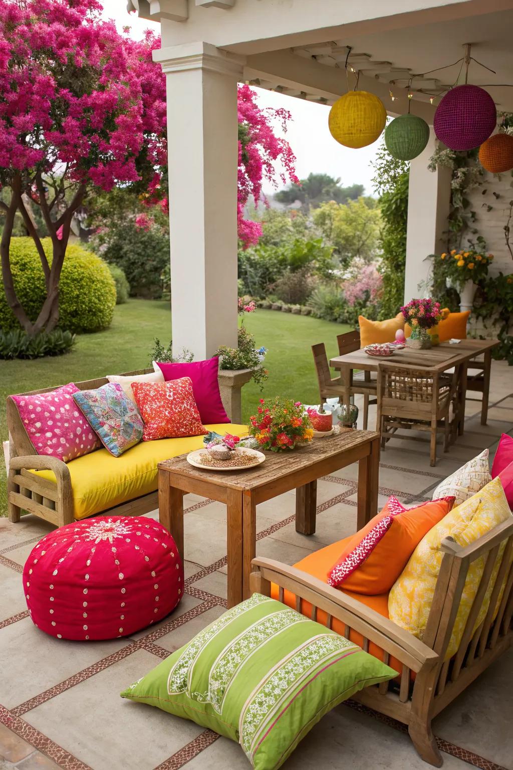 A vibrant patio with color staining, complemented by stylish outdoor furniture.