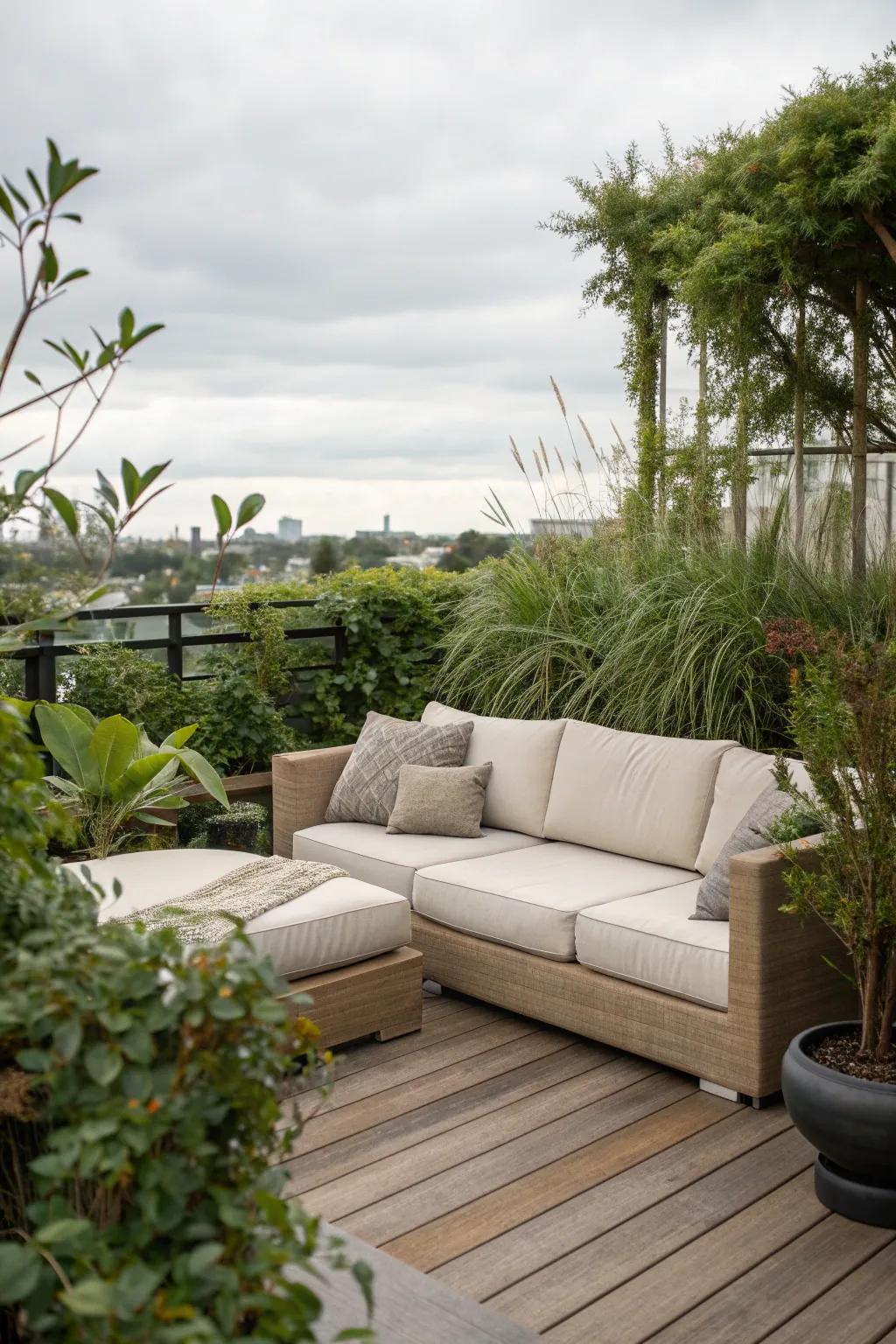 Neutral tones create a serene patio atmosphere.