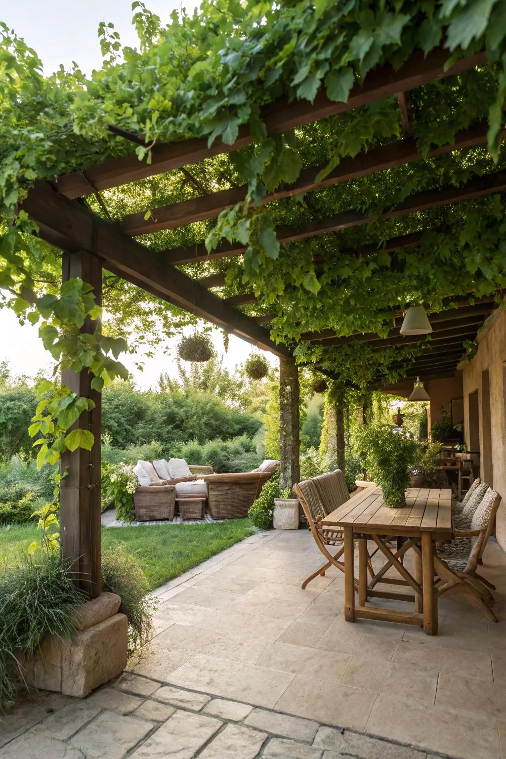 Leafy vines create a natural canopy and enhance greenery.