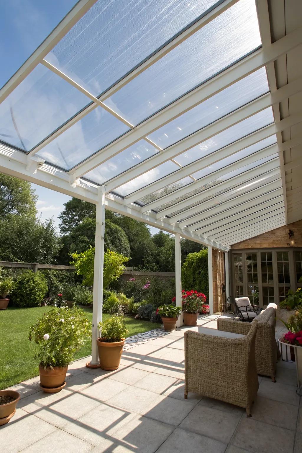 Polycarbonate panels offer rain protection while maintaining natural light.