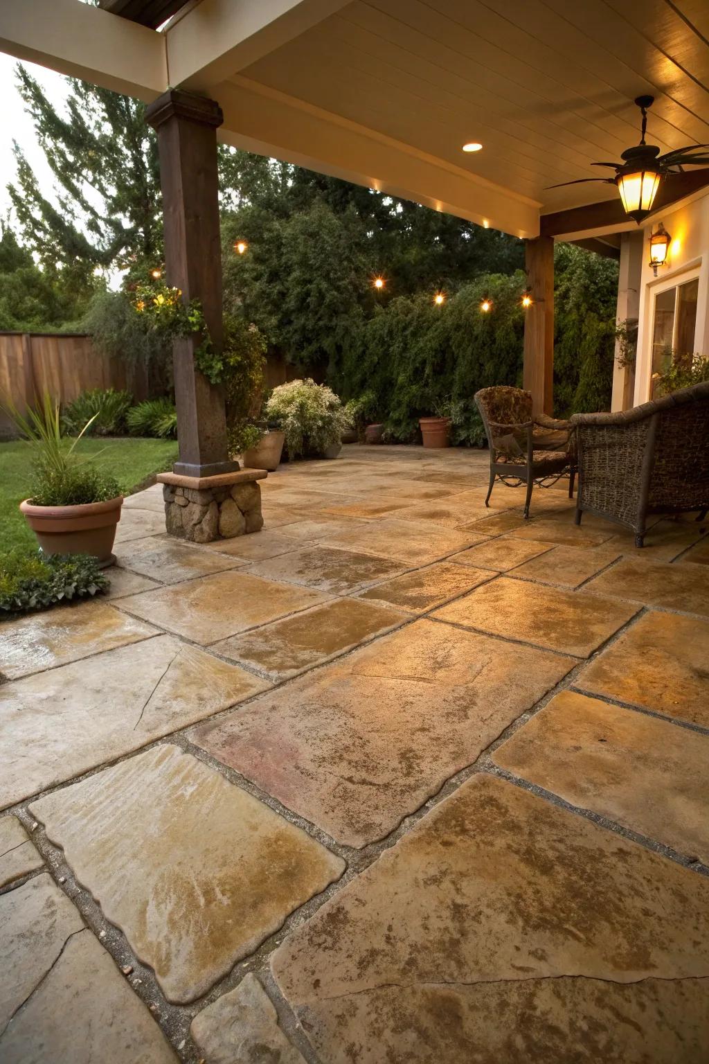 Stained concrete adds depth and color to this inviting patio.
