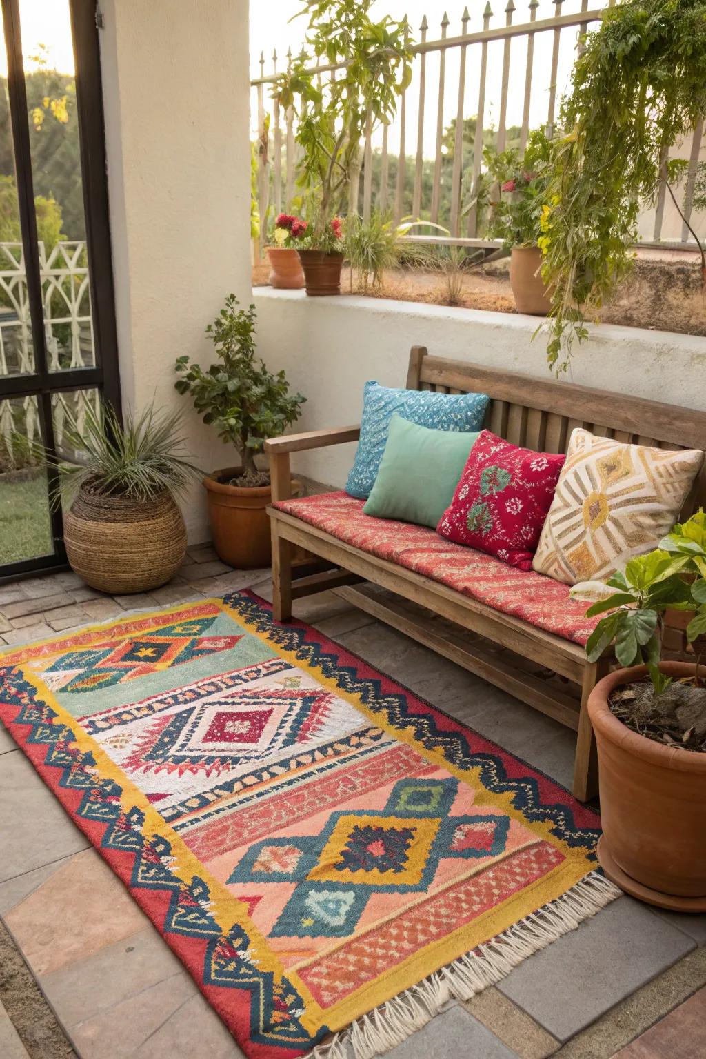 Decorative outdoor rugs and cushions adding style to a patio.