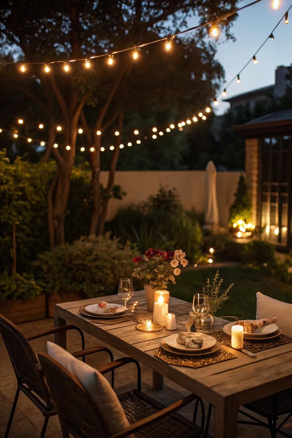 String lights add a warm glow to evening gatherings.