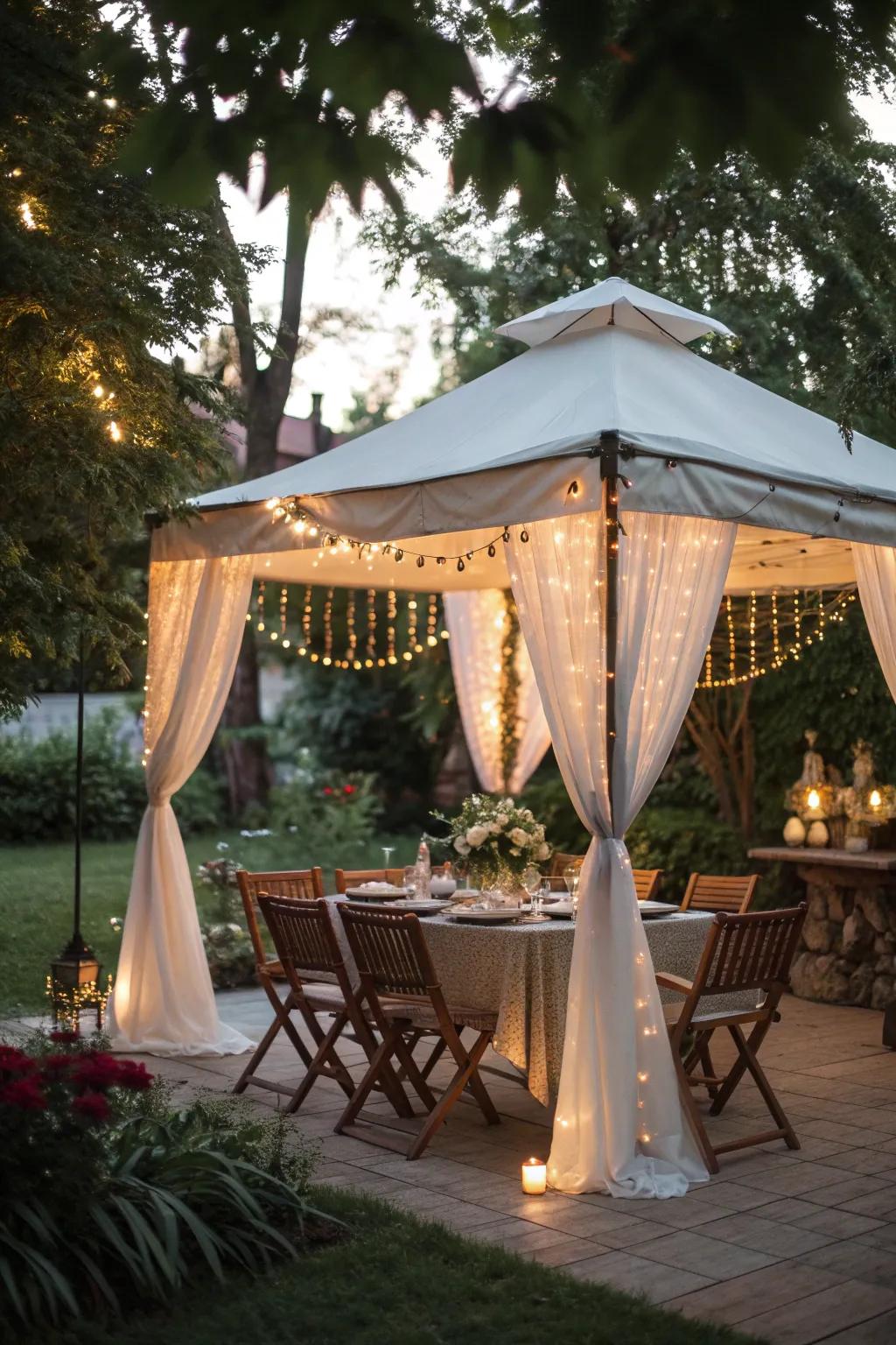 Dine al fresco under a beautifully arranged patio tent.