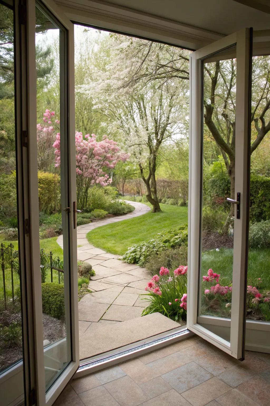 Corner opening doors offering a panoramic view of the garden.