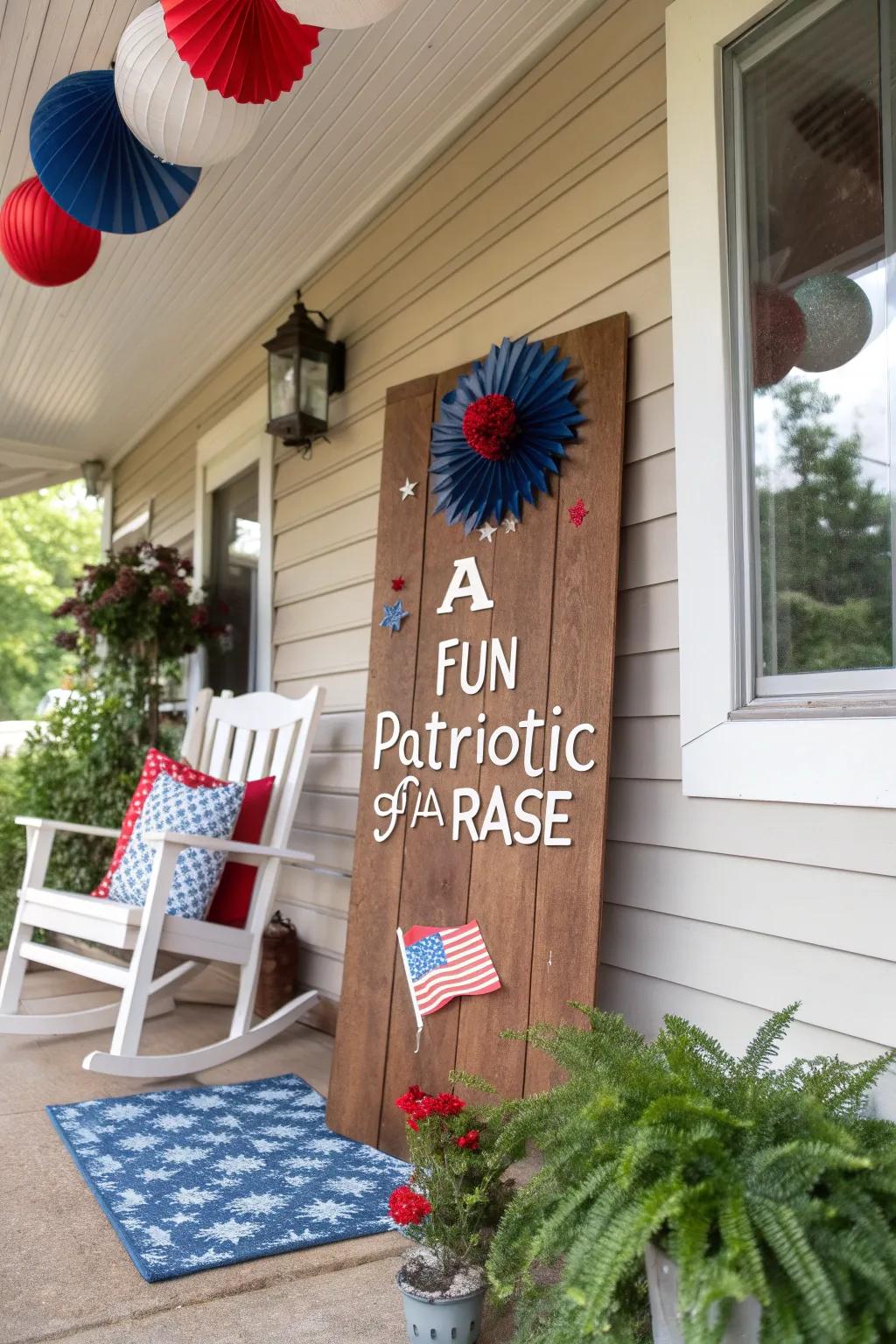 Patriotic signs add personality and charm to the porch.