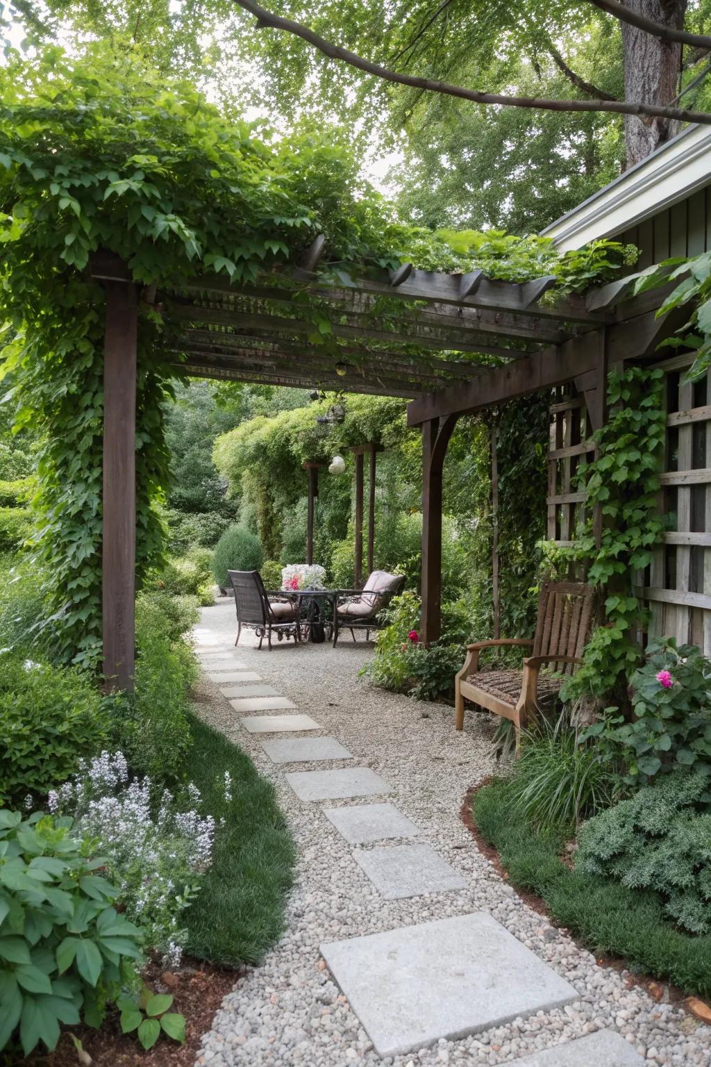 A private gravel and paver patio oasis enclosed by a pergola.
