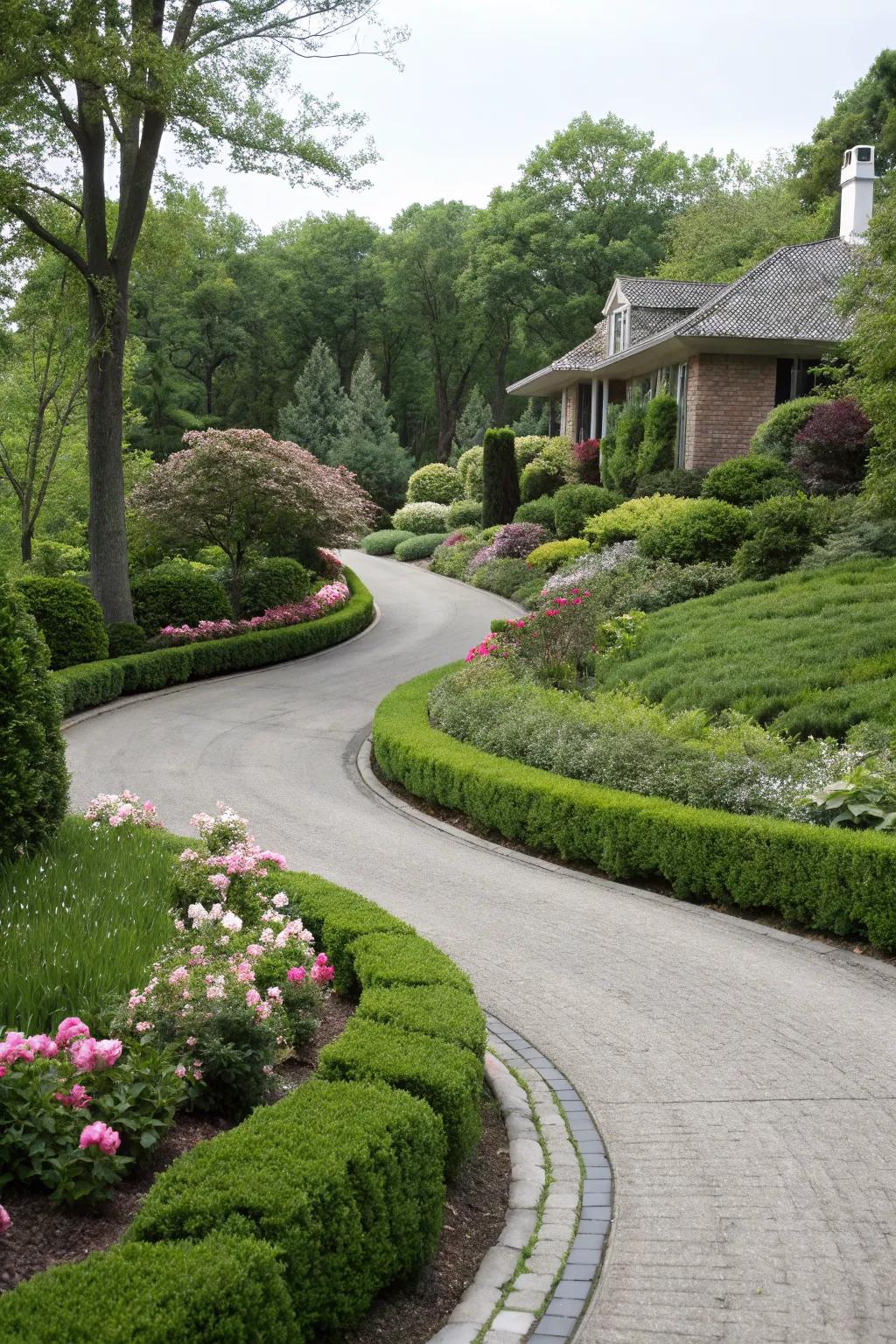 Curved driveways add a touch of elegance and fluidity.