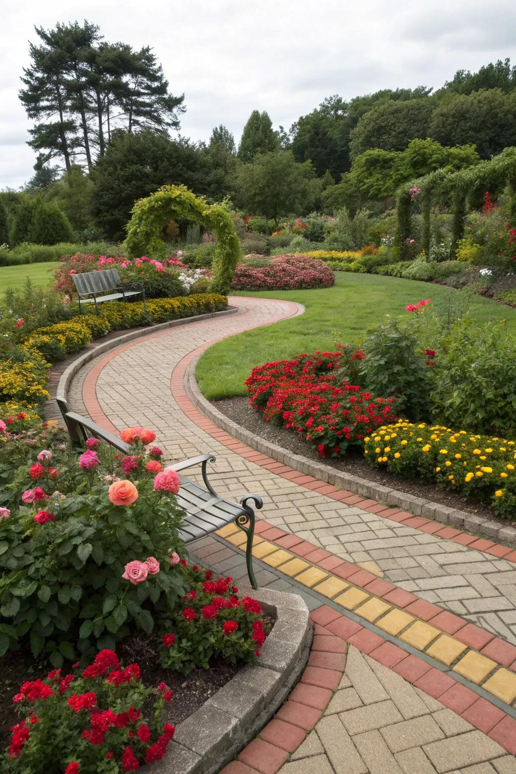 Dramatic contrast with colorful paver edging.
