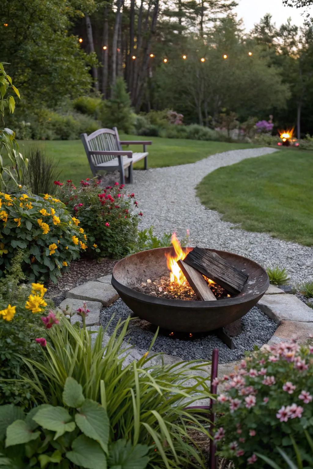 A fire pit enhanced by a decorative gravel surround.