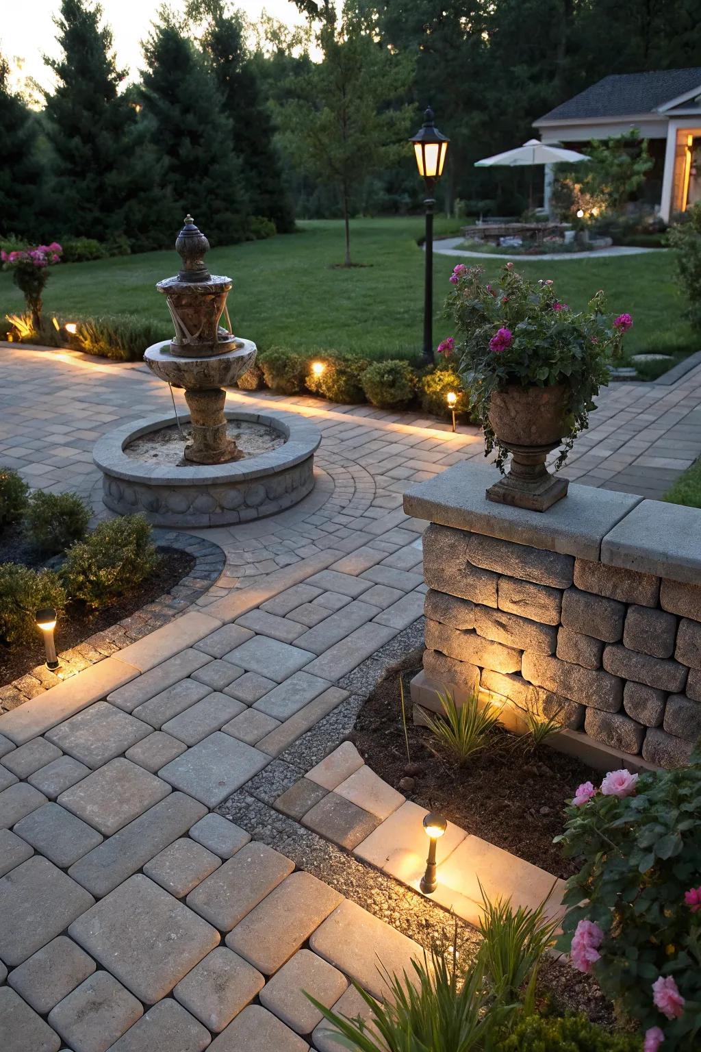Accent lighting emphasizes unique garden features.