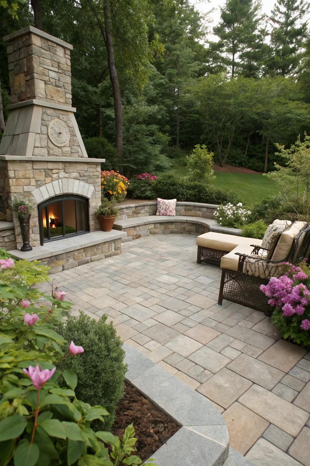 A fireplace with built-in seating, offering a welcoming and intimate setting.