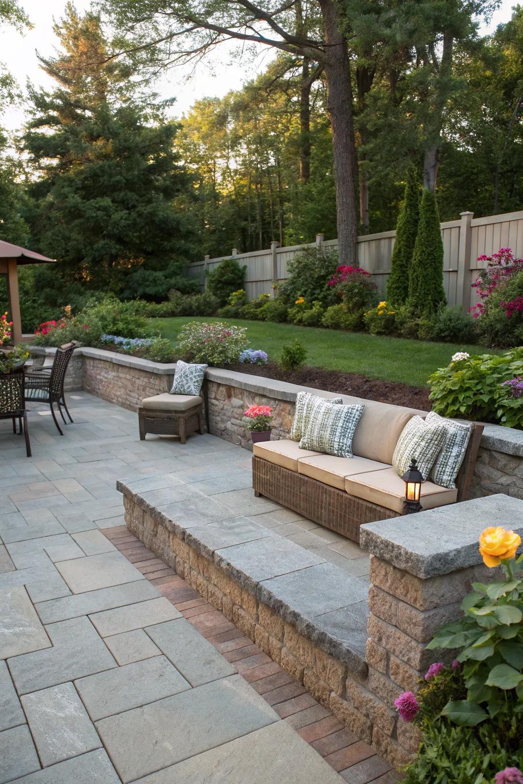Built-in seating with a view, thanks to paver walls.