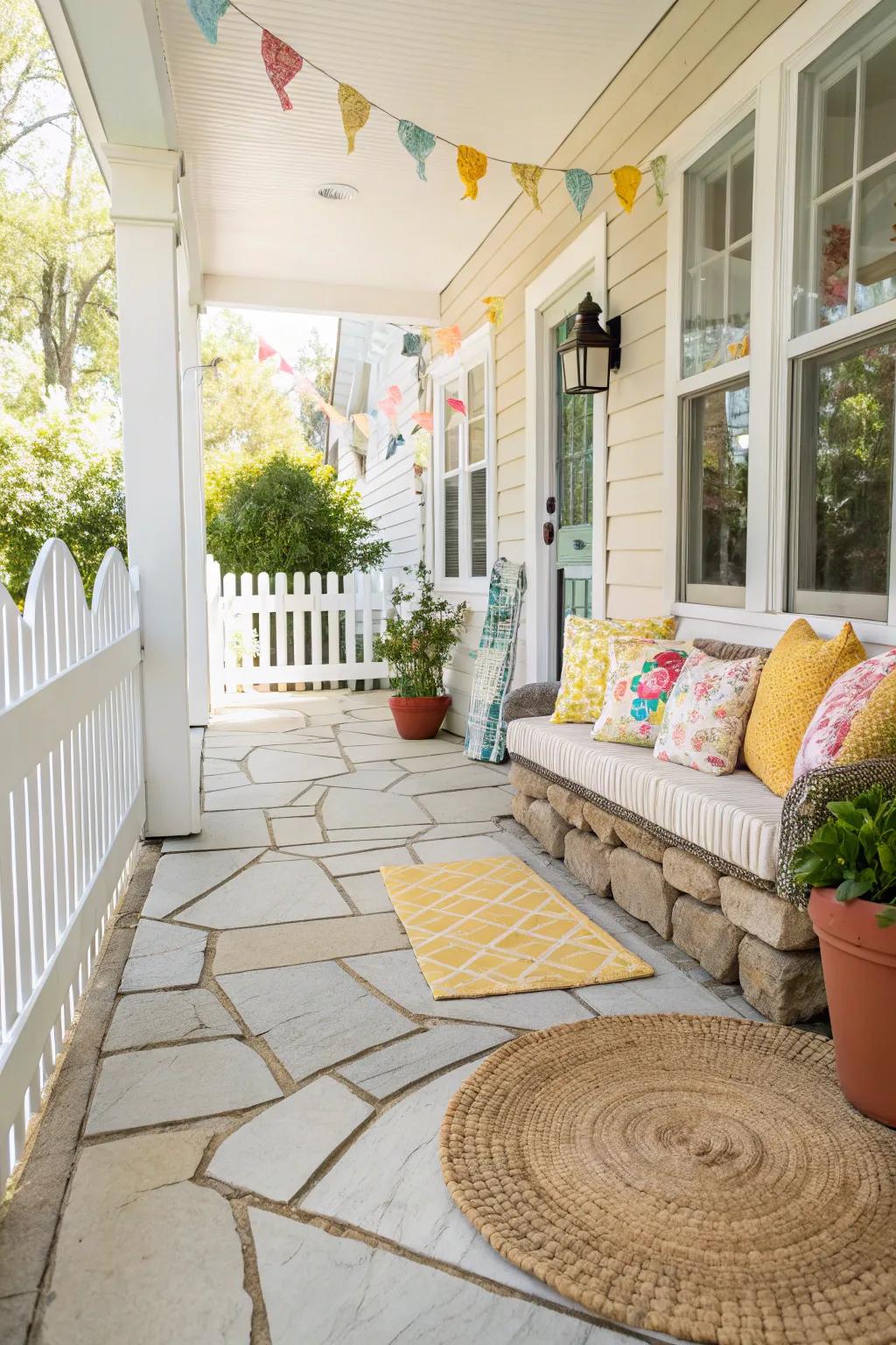 Limestone pavers add lightness and space to a front porch.