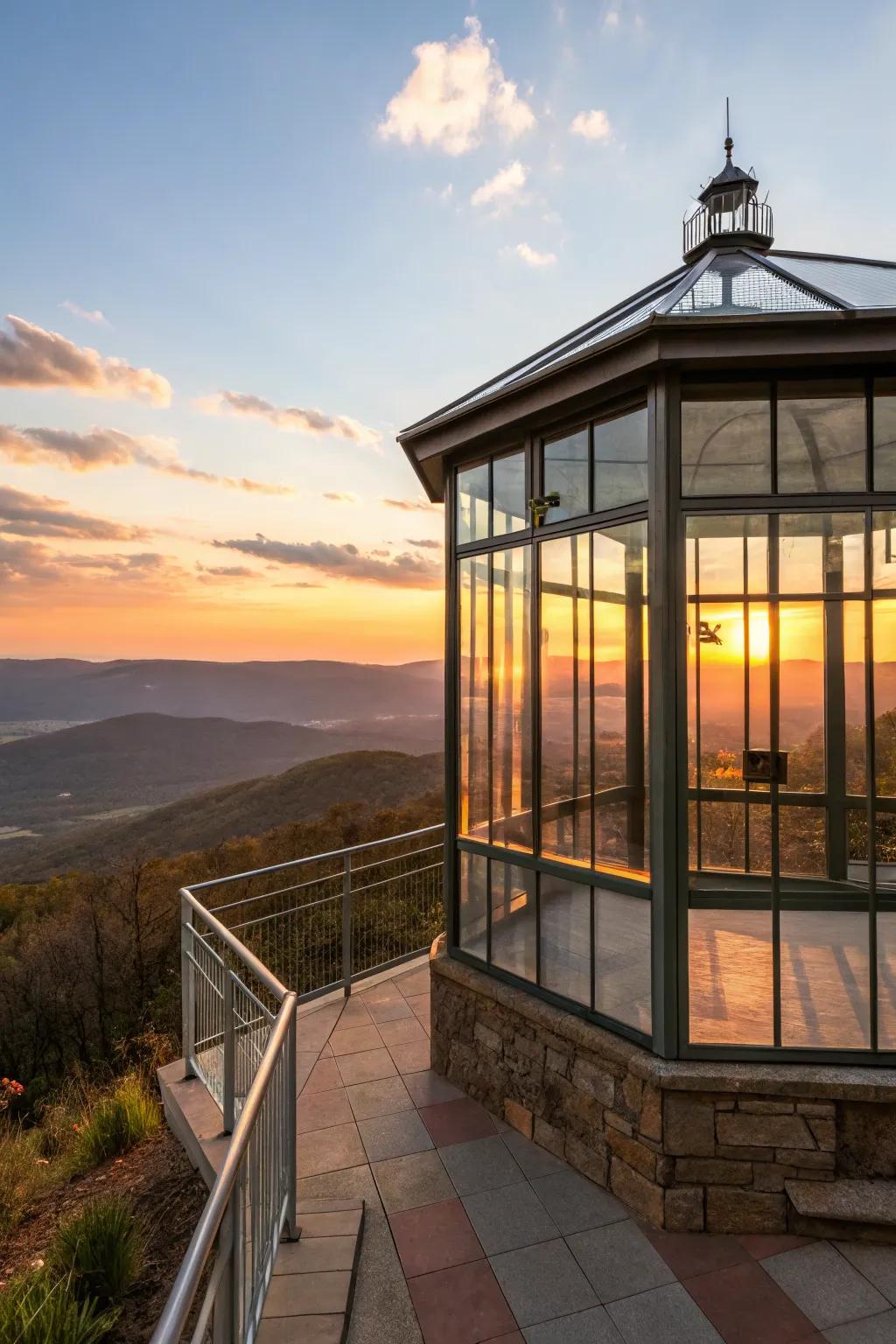 Glass walls providing an open view and natural light in a pavilion.