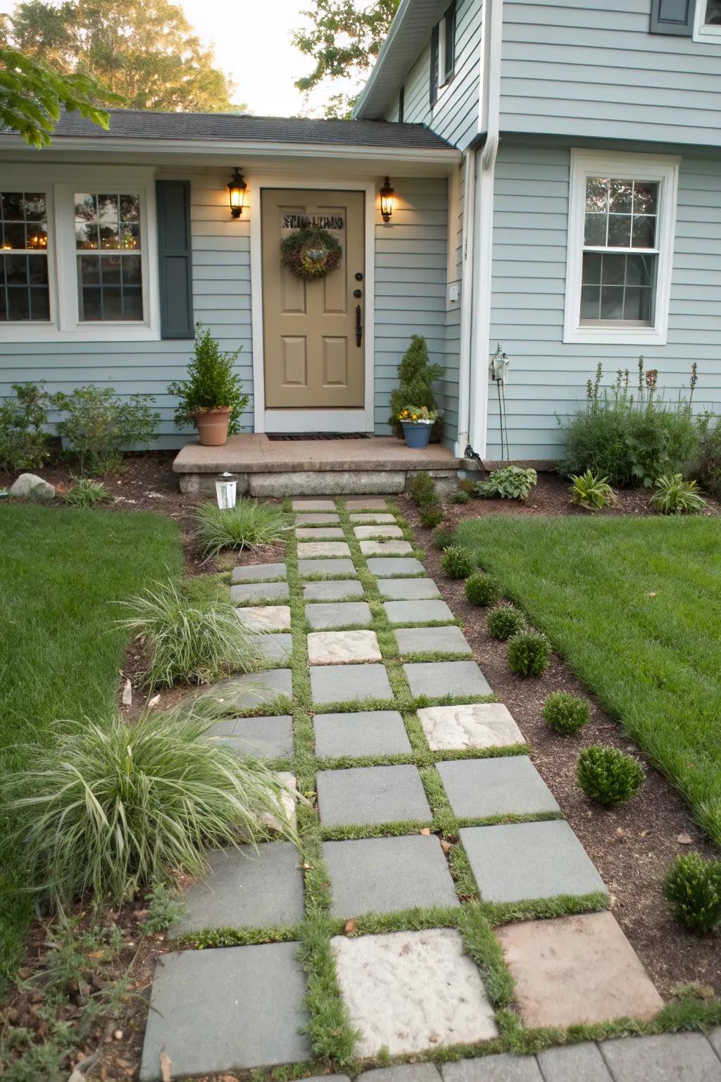 Integrating greenery between pavers softens the landscape.