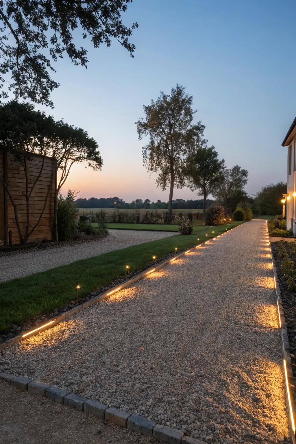 A pea gravel driveway illuminated by decorative LED lighting.