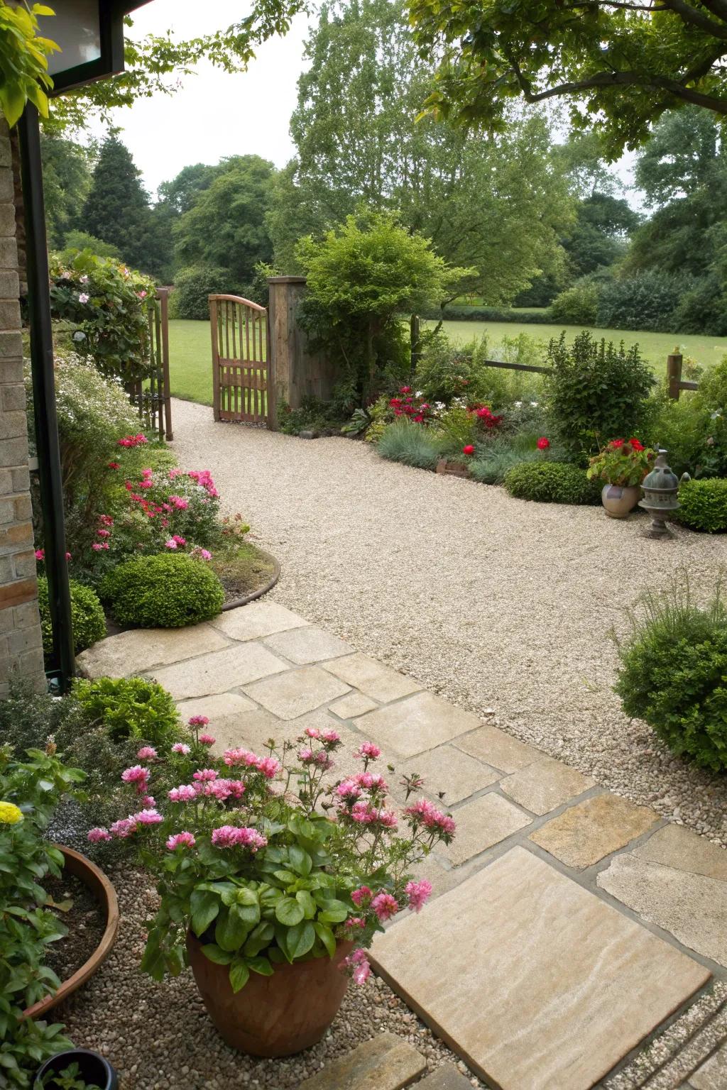 Greenery transforms this pea gravel patio into a peaceful haven.