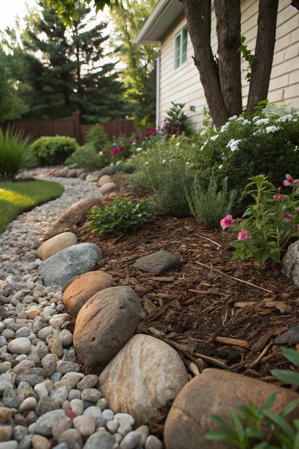 Textural variety with pebbles, stones, and mulch in a garden.
