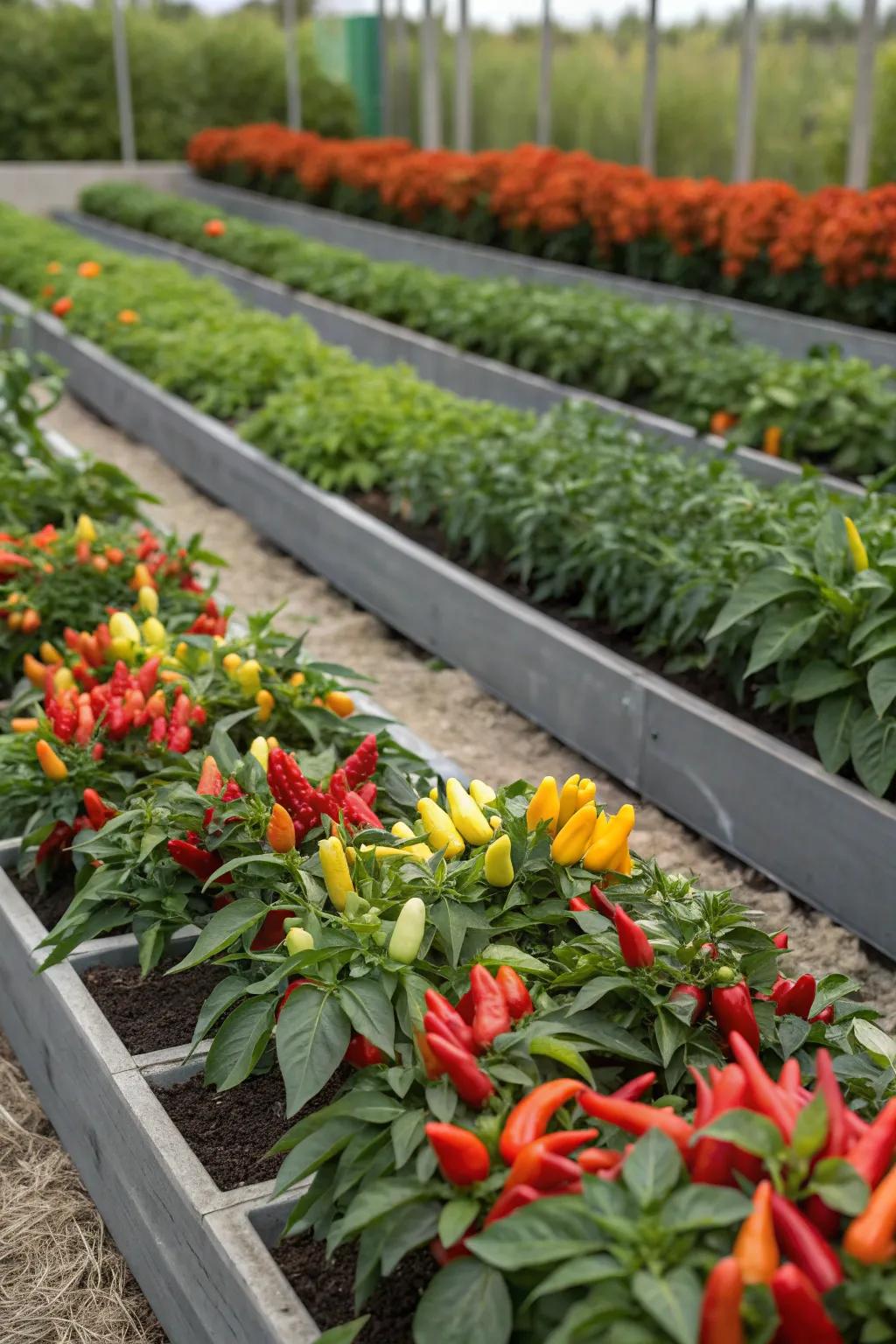 A patchwork garden featuring various pepper varieties in distinct sections.