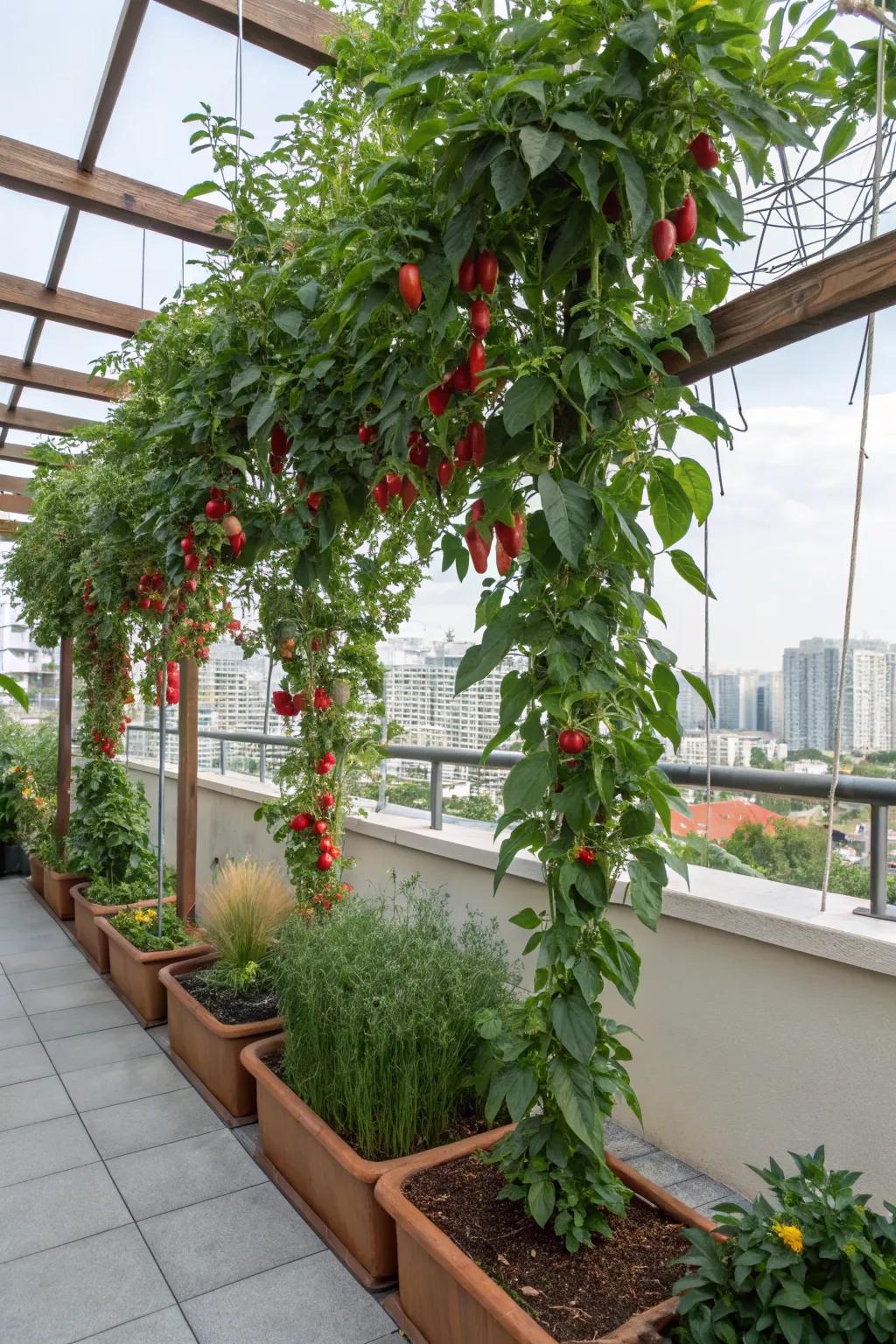 Maximize space with a hanging trellis for your peppers.