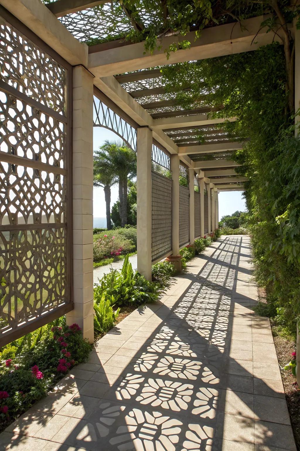 Geometric screens provide shade and artistry.