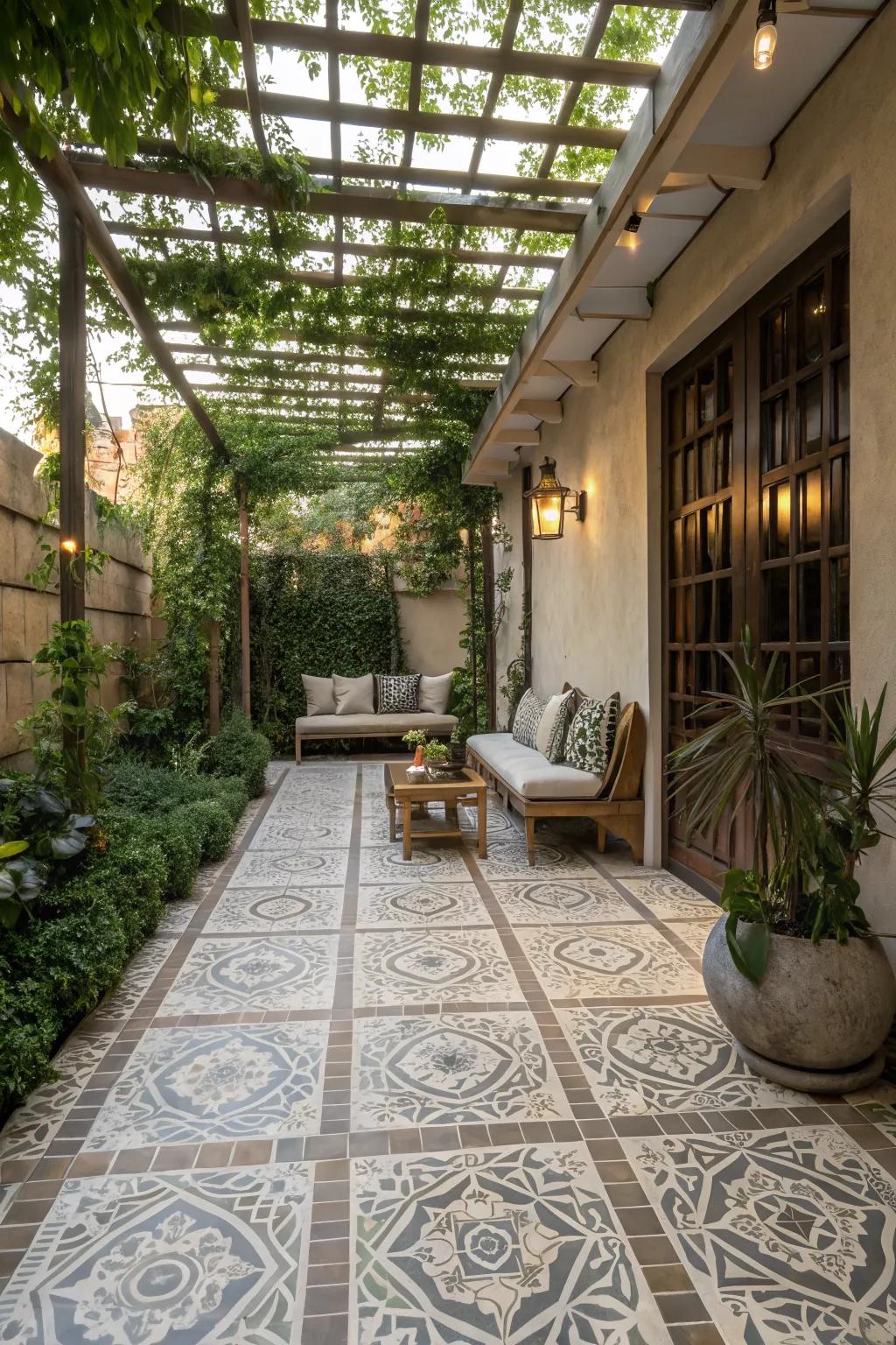 Outdoor tiles bring style and functionality to pergola spaces.