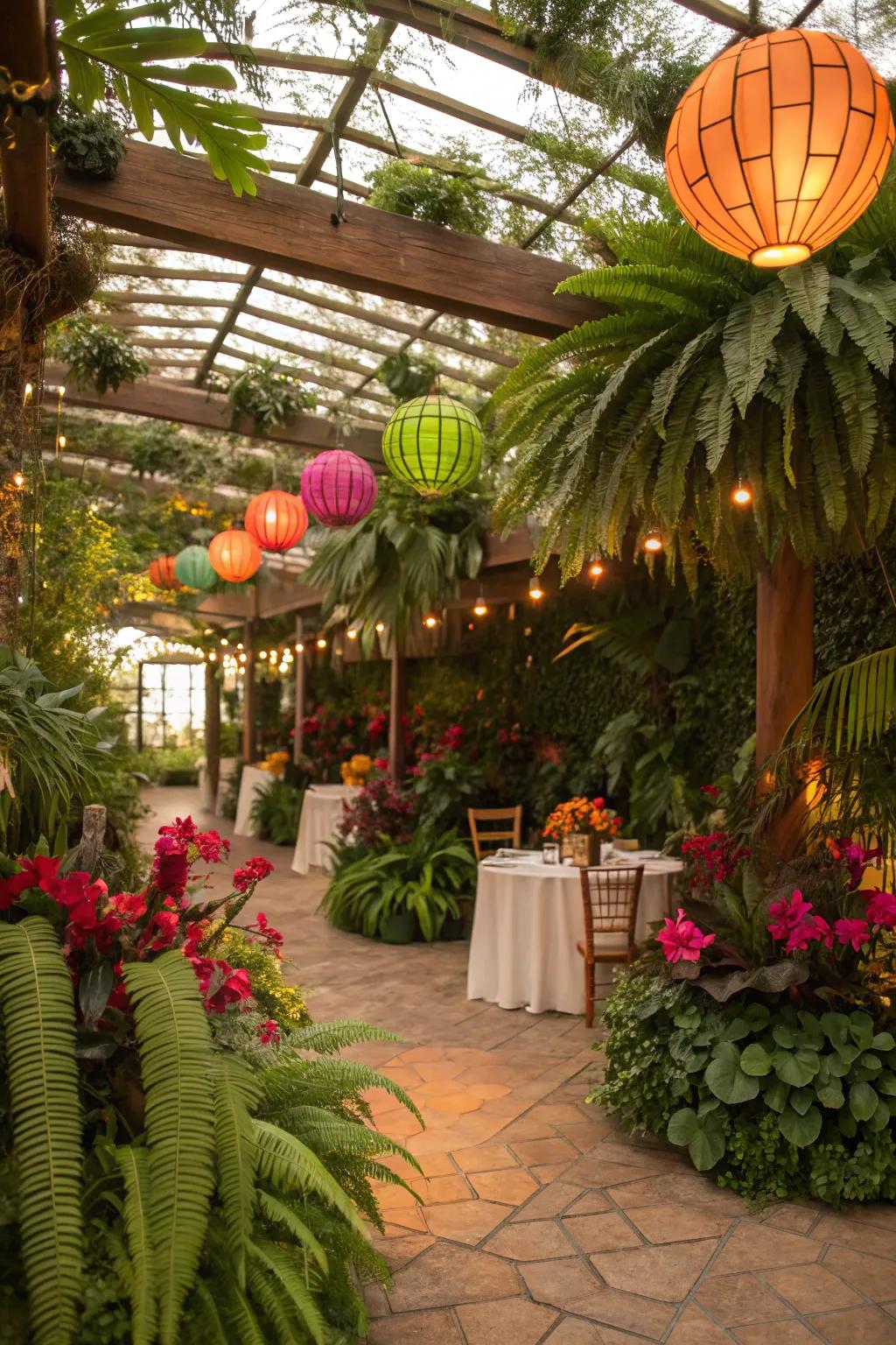 A tropical escape within a pergola greenhouse, full of vibrant life.