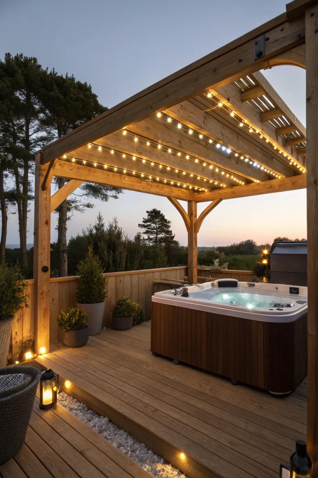 A pergola with integrated lighting for a cozy nighttime hot tub experience.