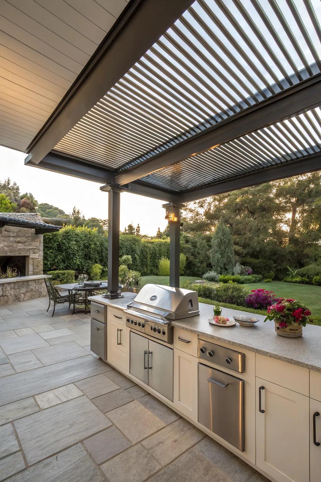 Louvered pergolas offer versatile weather protection.