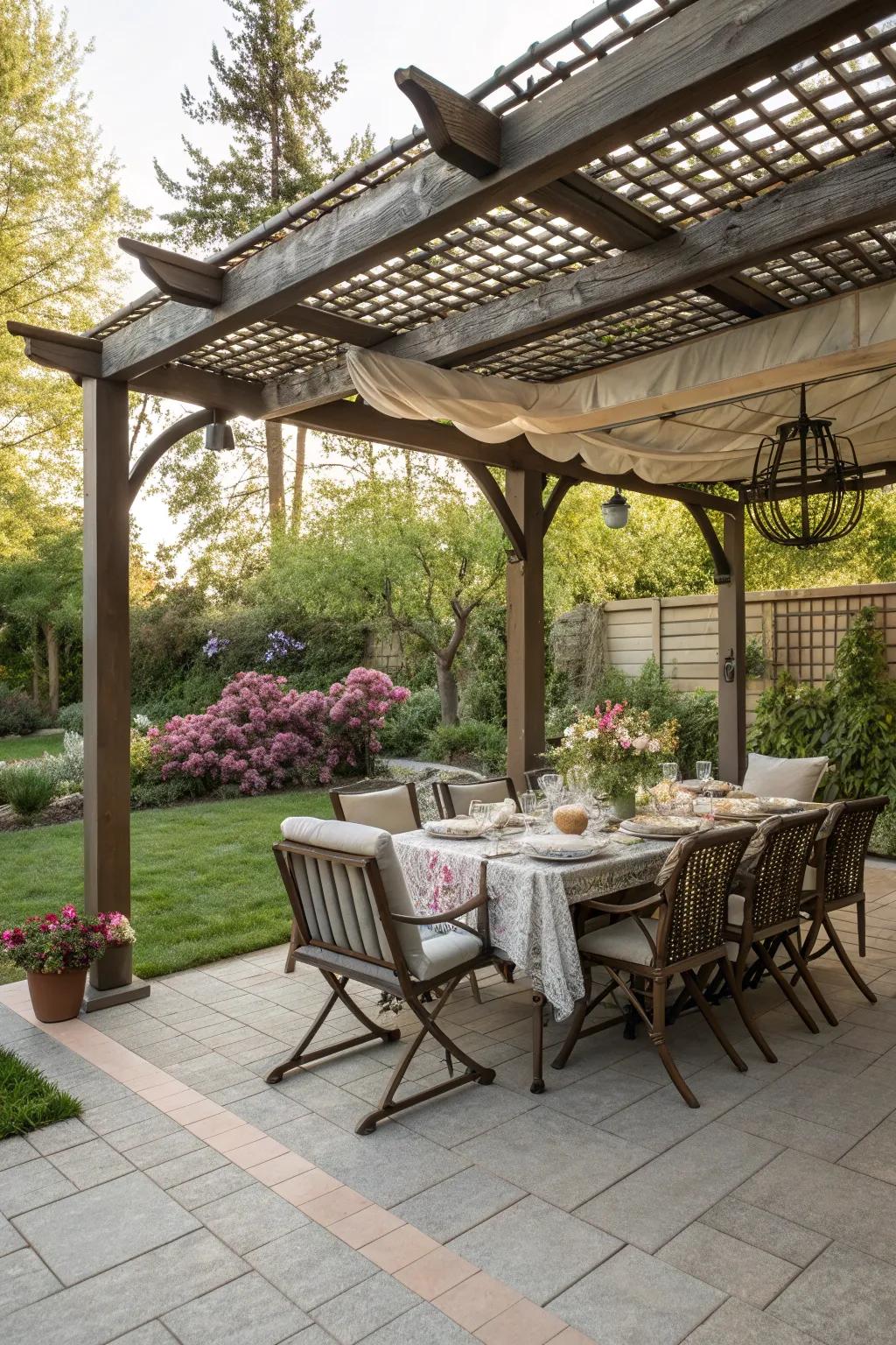 An inviting dining area under the pergola.
