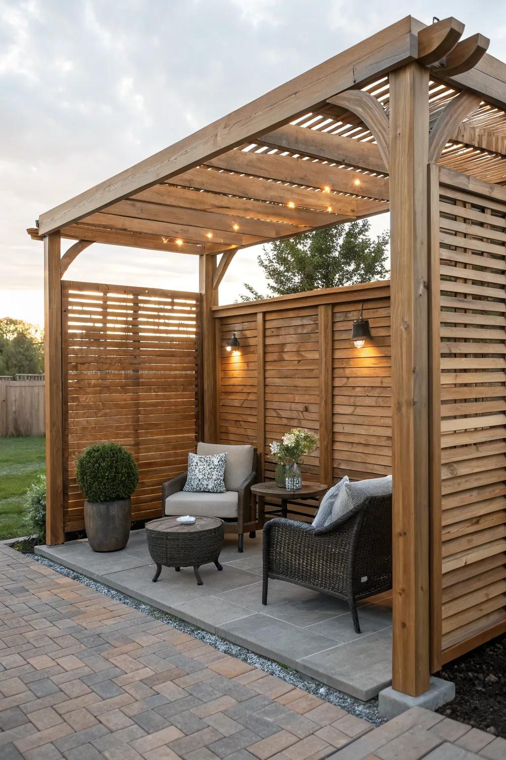 Solid wood panels create a rustic, private atmosphere.