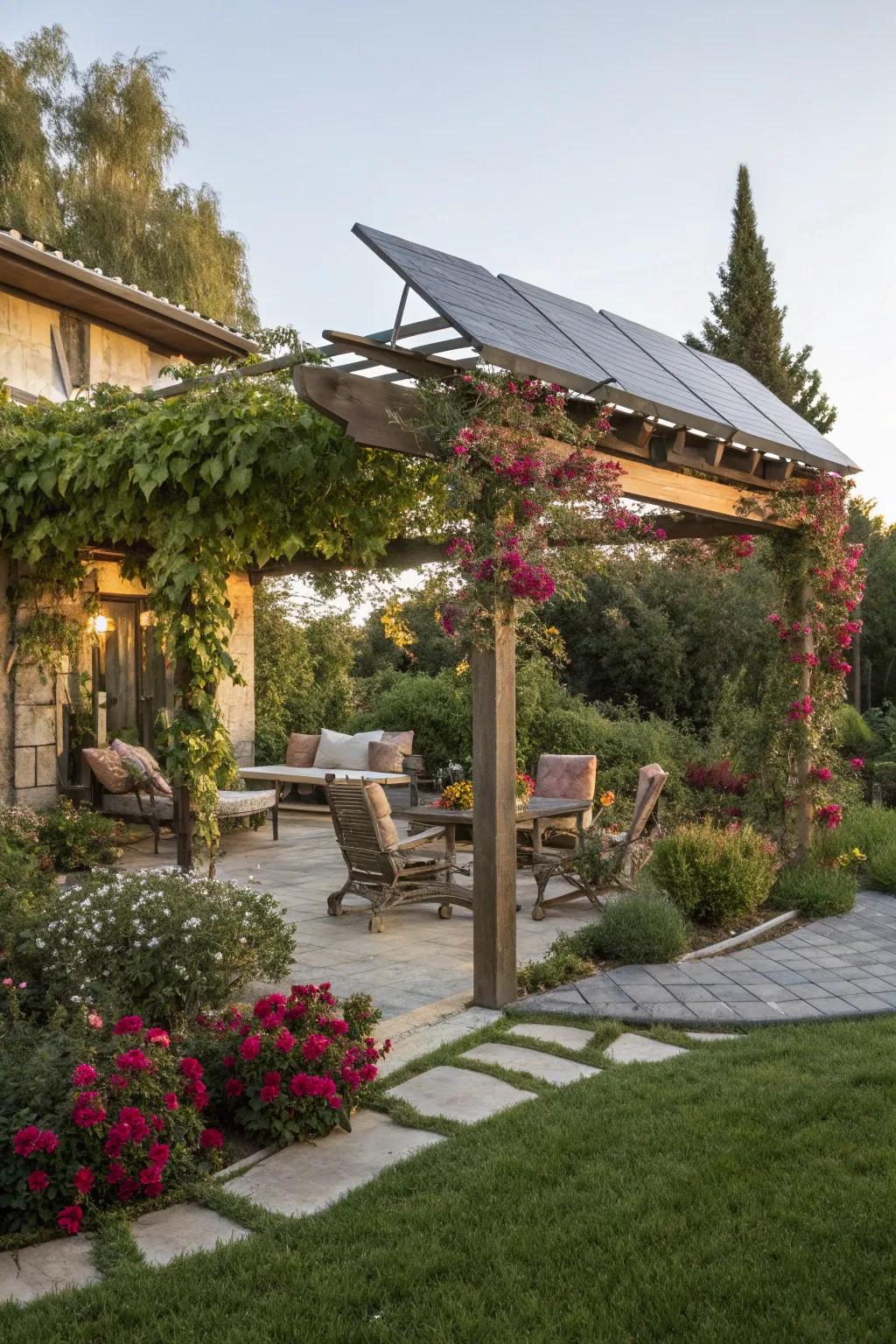 Solar panels offer sustainable energy and shade.