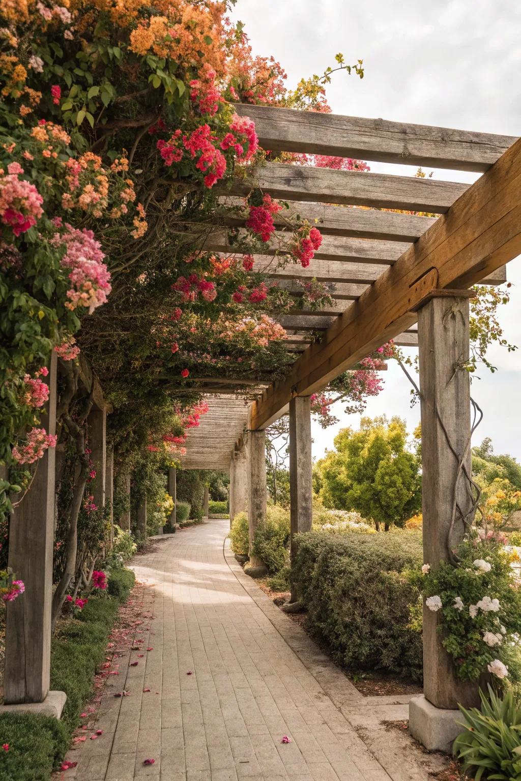 A trellis with vines creates a lush and inviting pergola top.