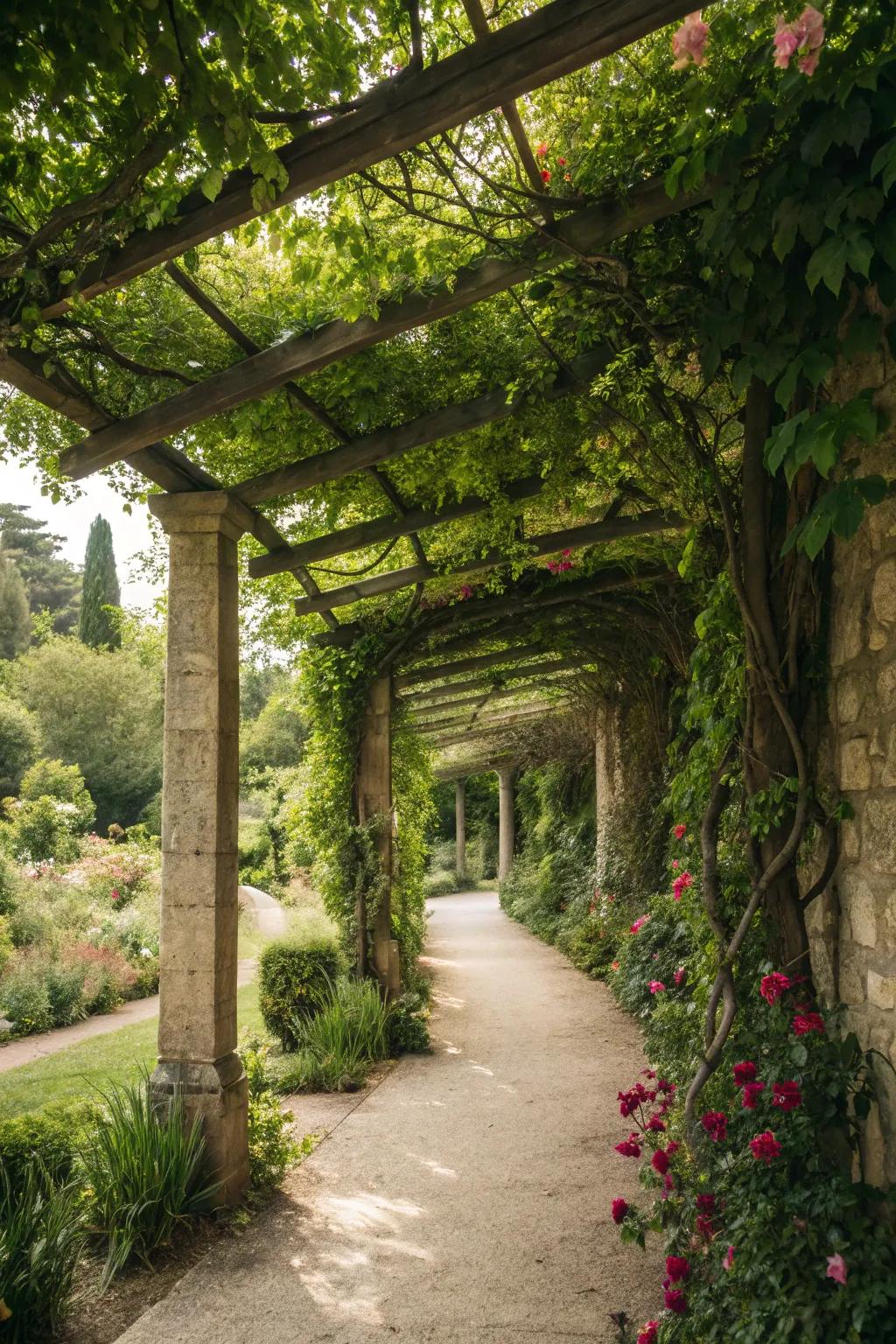 A verdant pergola walkway embraced by nature's greenery.