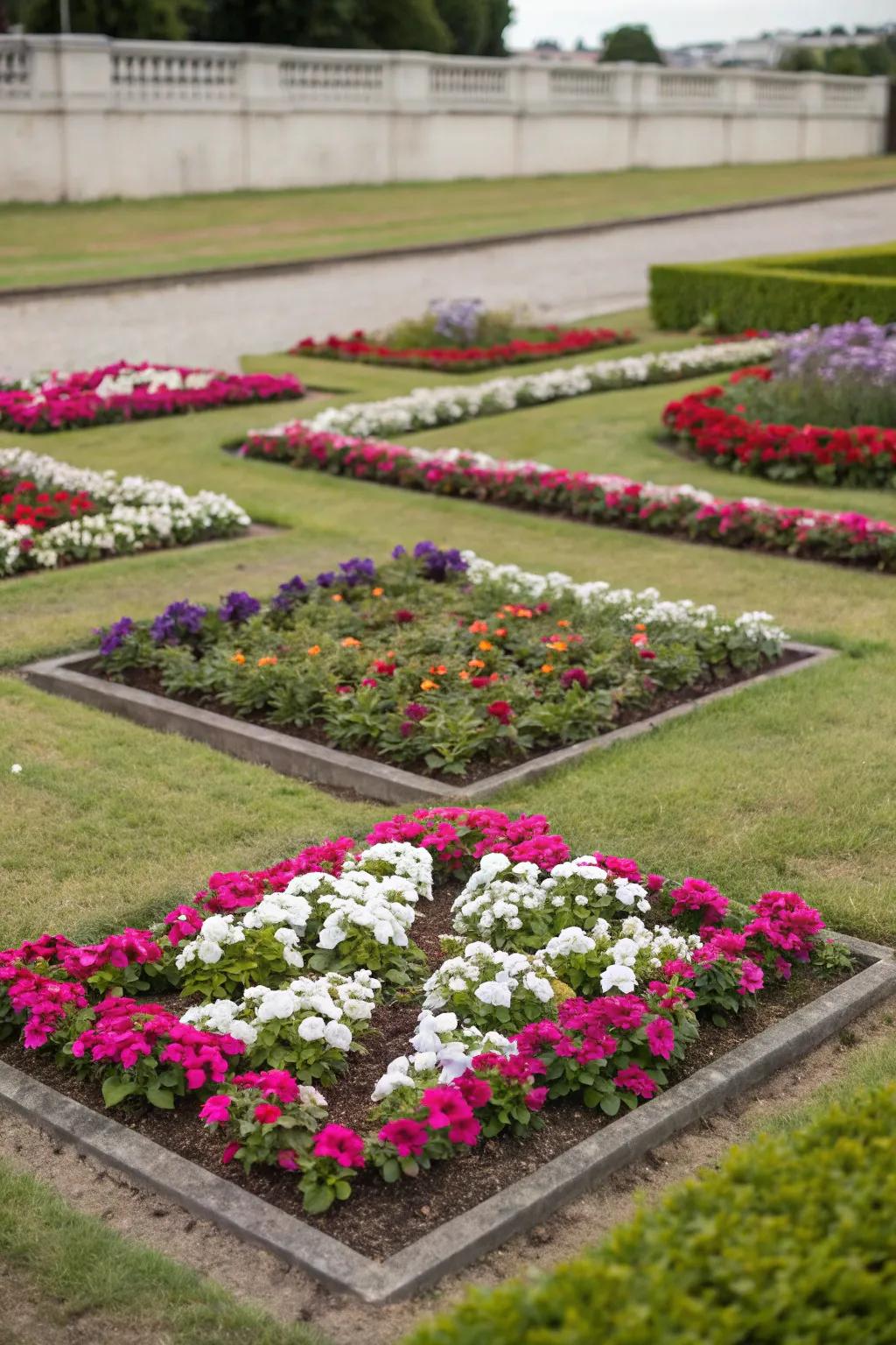 Geometric designs with petunias add a modern flair to gardens.
