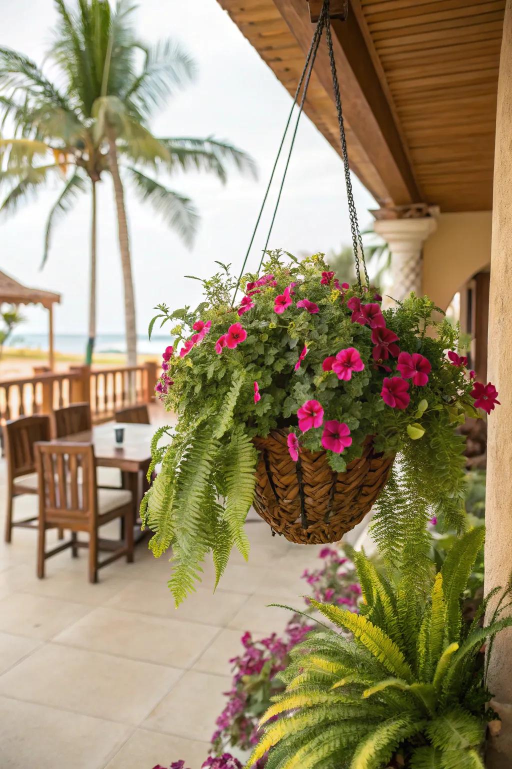 Petunias combined with ferns for a tropical vibe.