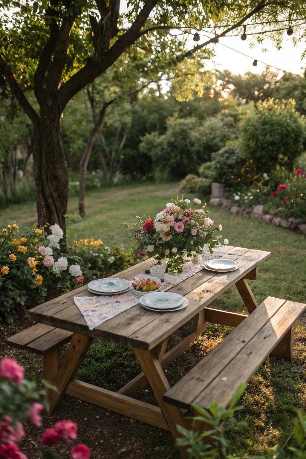 A wooden picnic table elegantly set for a meal.